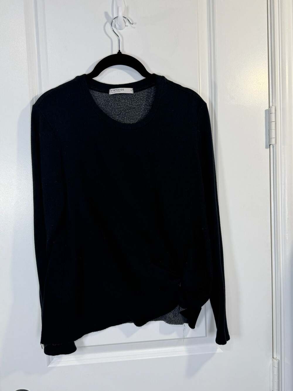 Stateside Black Raw Edge Knot Front Long Sleeve Modal Fleece Top